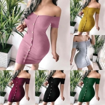 Sexy Off-shoulder Boat Neck Short Sleeve Front-button Tight Dress