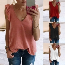 Fashion Solid Color Lotus Sleeve V-neck Top 