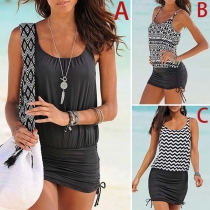 Fashion Printed Spliced Sleeveless Round Neck Beach Dress