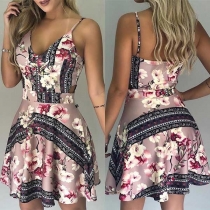 Sexy Backless V-neck High Waist Printed Sling Dress