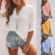 Fashion Solid Color Long Sleeve V-neck High-low Hem Blouse
