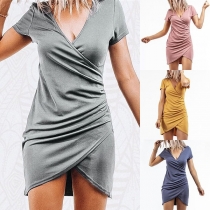 Sexy V-neck Irregular Hem Short Sleeve Solid Color Dress