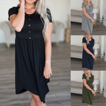 Fashion Solid Color Short Sleeve Round Neck Front-button Dress