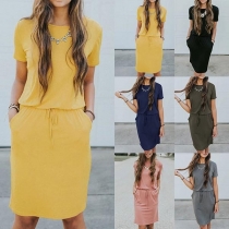 Fashion Solid Color Short Sleeve Drawstring Waist Dress