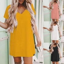 Fashion Solid Color Short Sleeve V-neck Loose Dress