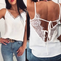 Sexy Backless V-neck Lace Spliced Solid Color Cami Top 