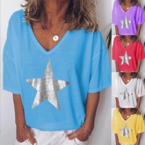 Casual Style Short Sleeve V-neck Star Printed T-shirt 