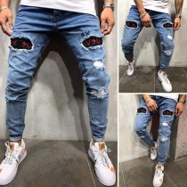 Fashion Embroidered Spliced Ripped Men's Jeans 