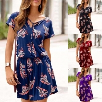 Fashion Short Sleeve V-neck Printed Dress
