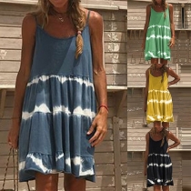 Sexy Backless Ruffle Hem Contrast Color Sling Dress