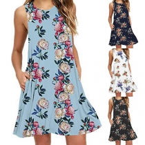 Fresh Style Sleeveless Round Neck Printed Dress