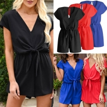 Fashion Solid Color Short Sleeve V-neck Knotted Romper 