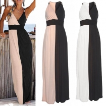 Sexy V-neck Sleeveless High Waist Contrast Color Dress
