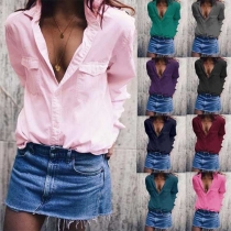 Fashion Solid Color Long Sleeve POLO Collar Shirt 