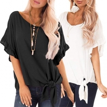 Fashion Solid Color Lotus Sleeve Knotted Hem Solid Color T-shirt 