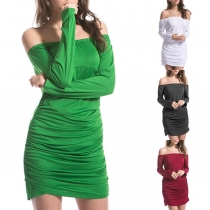 Sexy off-shoulder Boat Neck Long Sleeve Solid Color Dress