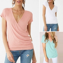 Fashion Solid Color Short Sleeve V-neck Side-button T-shirt 