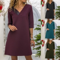 Fashion Solid Color V-neck Half Sleeve Shift Dress