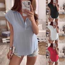 Fashion Solid Color Sleeveless POLO Collar Blouse 