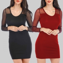 Sexy Gauze Spliced Long Sleeve Slim Fit Dress