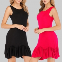 Fashion Solid Color Sleeveless Round Neck Ruffle Hem Dress