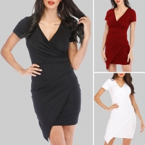 Sexy V-neck Irregular Hem Short Sleeve Slim Fit Dress