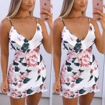 Sexy Backless V-neck Ruffle Printed Sling Dress