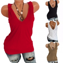 Sexy V-neck Sleeveless Solid Color T-shirt 