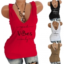 Sexy V-neck Letters Printed Sleeveless T-shirt 