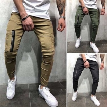 Fashion Solid Color Zipper-pocket Men's Casual Pants 