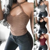 Sexy Off-shoulder V-neck Solid Color Slim Fit Halter Top 