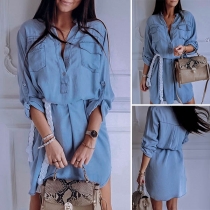 Fashion Long Sleeve V-neck Denim Shirt Dress