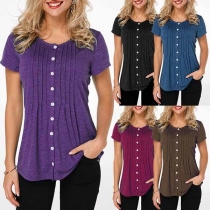Fashion Solid Color Short Sleeve Round Neck Front-button T-shirt 