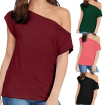 Sexy Oblique Shoulder Short Sleeve Solid Color T-shirt 