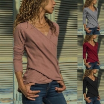 Fashion Solid Color Long Sleeve V-neck T-shirt 