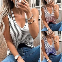 Sexy V-neck Sleeveless Striped T-shirt 