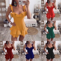 Sexy Backless Ruffle Hem Solid Color Sling Dress