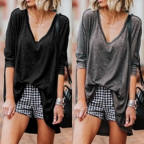 Fashion Solid Color Long Sleeve V-neck Loose T-shirt 