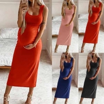 Simple Style Solid Color Round Neck Maternity Dress