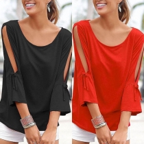 Fashion Solid Color Hollow Out Trumpet Sleeve Round Neck T-shirt 