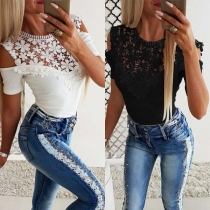 Sexy Off-shoulder Short Sleeve Round Neck Lace Spliced T-shirt 
