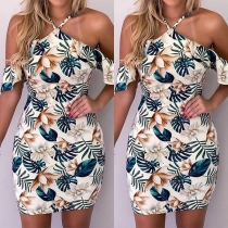 Sexy Off-shoulder Slim Fit Printed Halter Dress