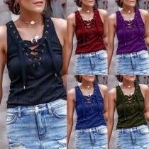 Sexy Lace-up V-neck Solid Color Tank Top 