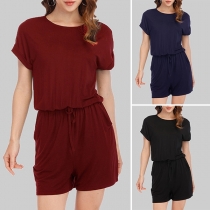 Fashion Solid Color Short Sleeve Round Neck Romper 