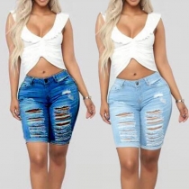 Sexy Low-waist Hollow Out Ripped Denim Knee-length Shorts