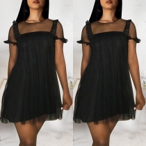 Sexy See-through Gauze Spliced Short Sleeve Round Neck Dress