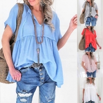 Fashion Solid Color Short Sleeve V-neck Loose Top 