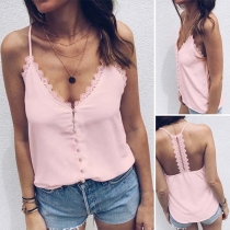 Sexy Backless V-neck Lace Spliced Solid Color Cami Top 