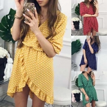 Sexy V-neck Irregular Ruffle Hem Half Sleeve Dots Printed Dress