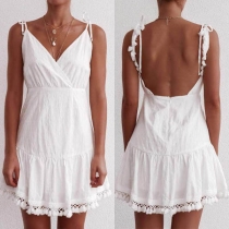 Sexy Backless V-neck Tassel Hem Solid Color Sling Dress